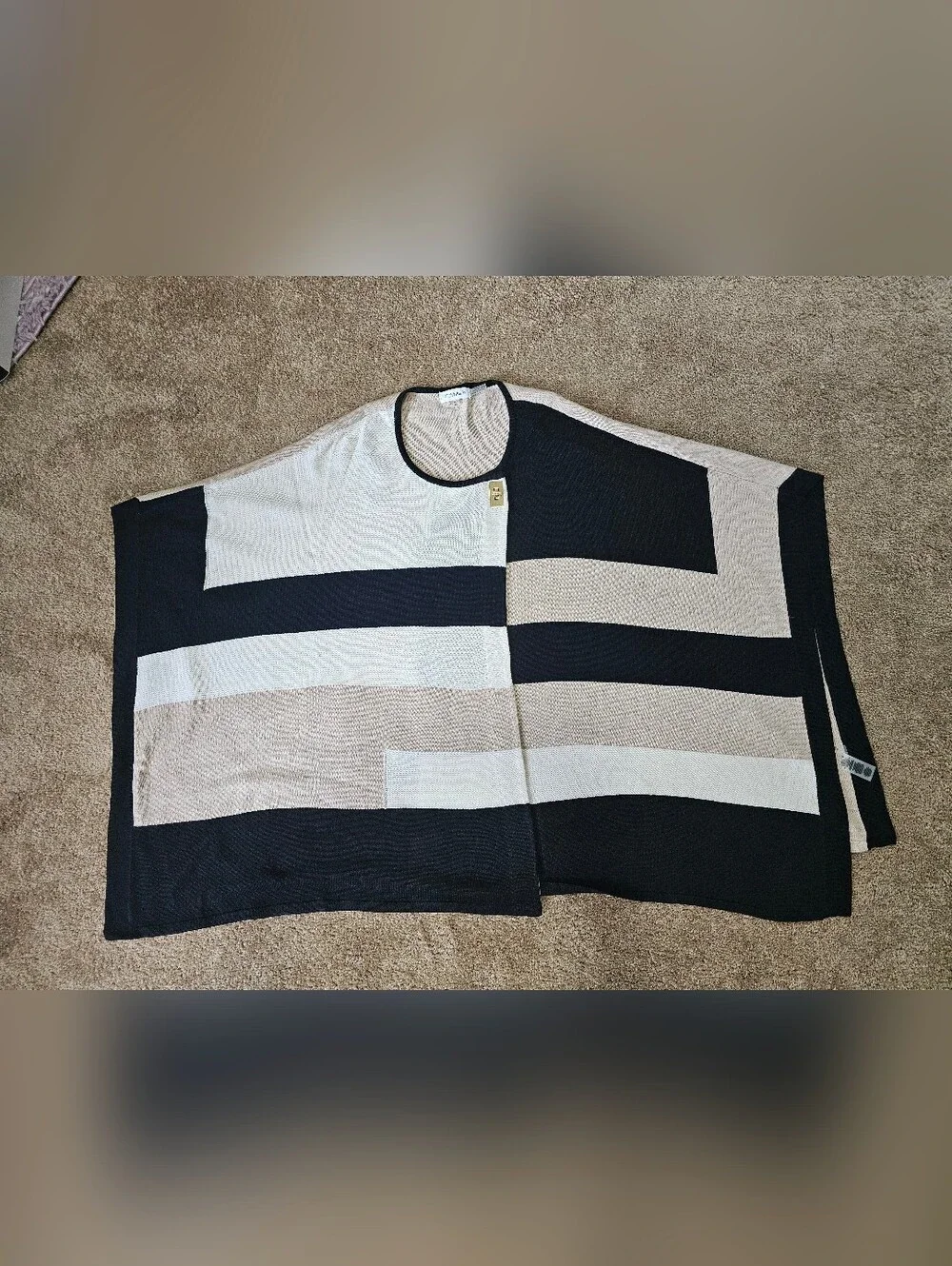 Calvin Klein Geometric Colorblock Poncho - Black & Cream